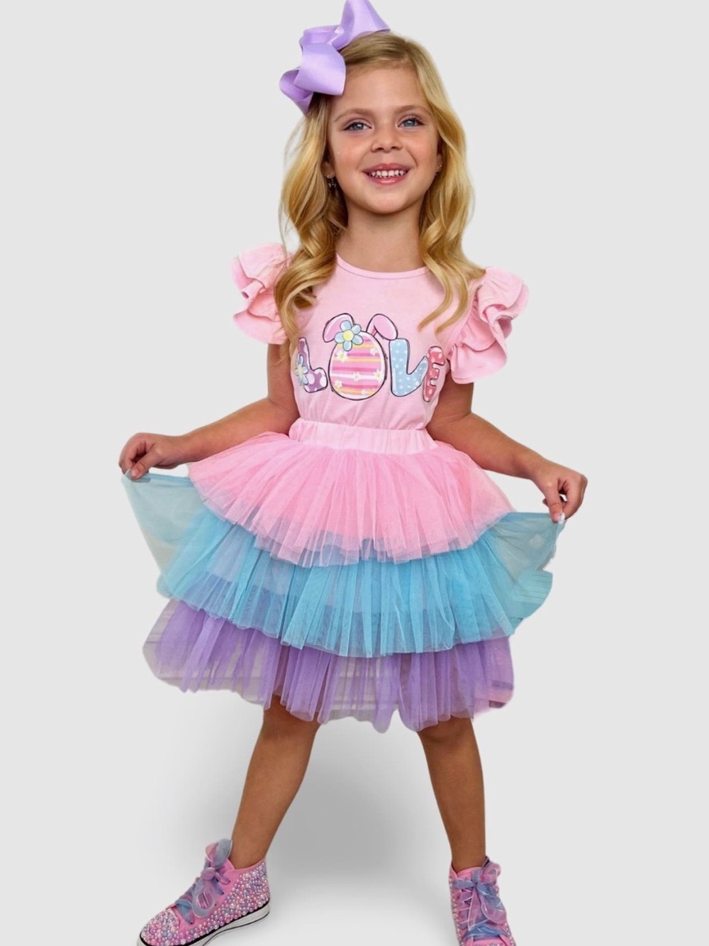 Mia Belle Girls Pink 'Love' Ruffle Sleeve Top with Pastel Rainbow Tutu, sz 2/3